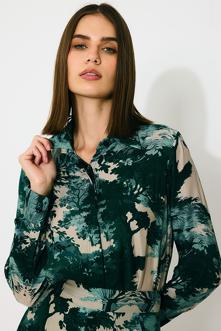 Dark Green & Mint Muslin Cotton Silk Printed Shirt by Koai at Pernia's Pop Up Shop