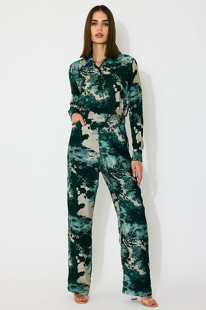 Dark Green & Mint Muslin Cotton Silk Printed Pants by Koai at Pernia's Pop Up Shop