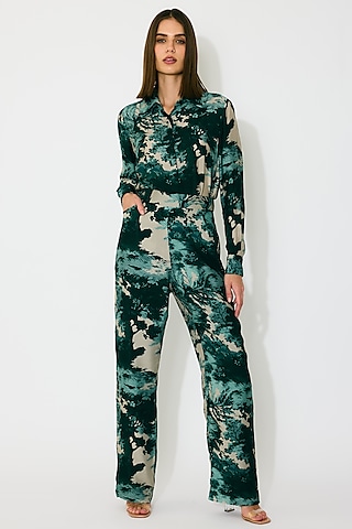 Dark Green & Mint Muslin Cotton Silk Printed Pants by Koai