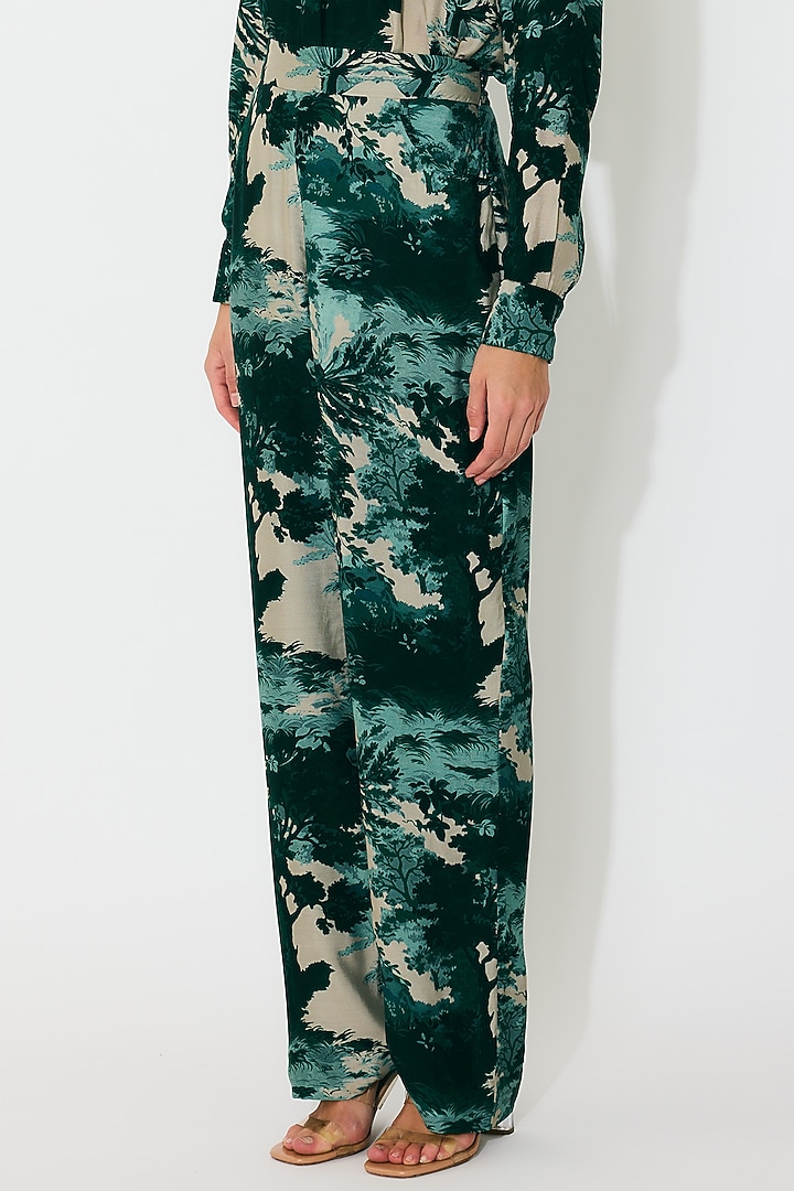Dark Green & Mint Muslin Cotton Silk Printed Pants by Koai at Pernia's Pop Up Shop