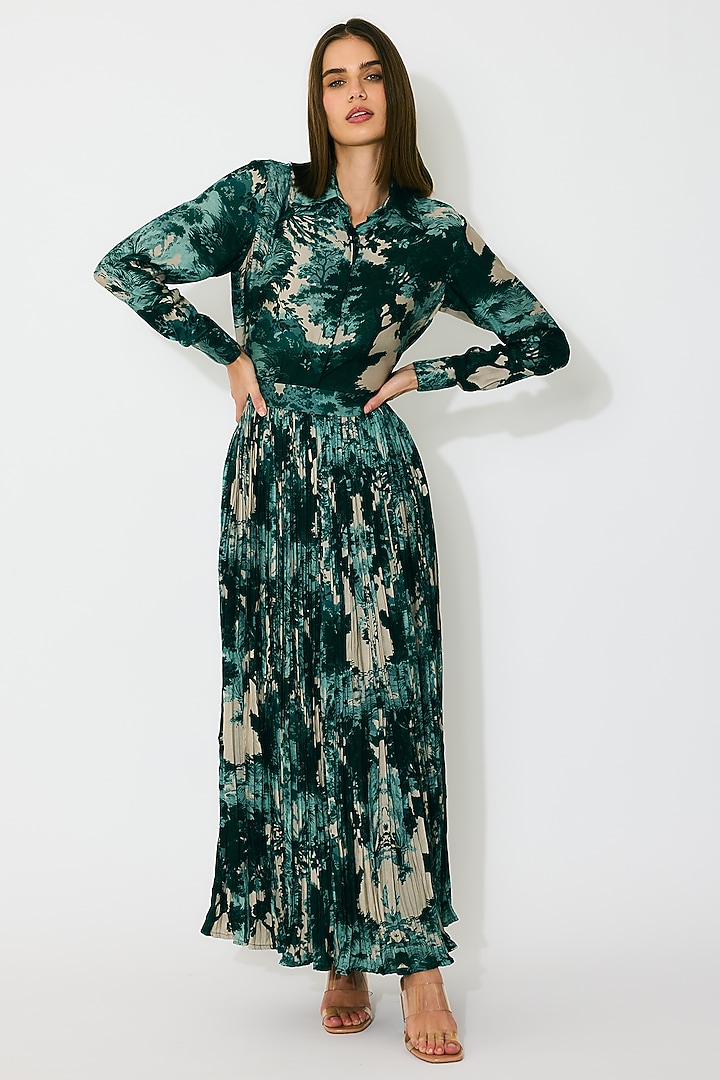 Dark Green & Mint Muslin Cotton Silk Toile Printed Skirt by Koai at Pernia's Pop Up Shop