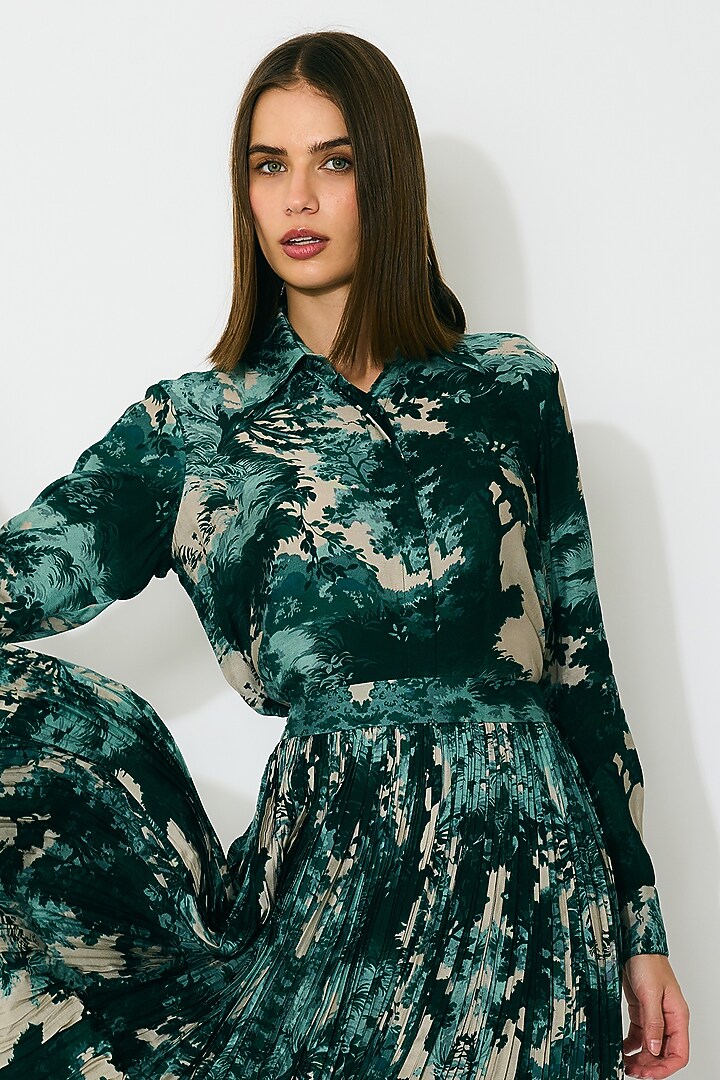 Dark Green & Mint Muslin Cotton Silk Toile Printed Skirt by Koai at Pernia's Pop Up Shop