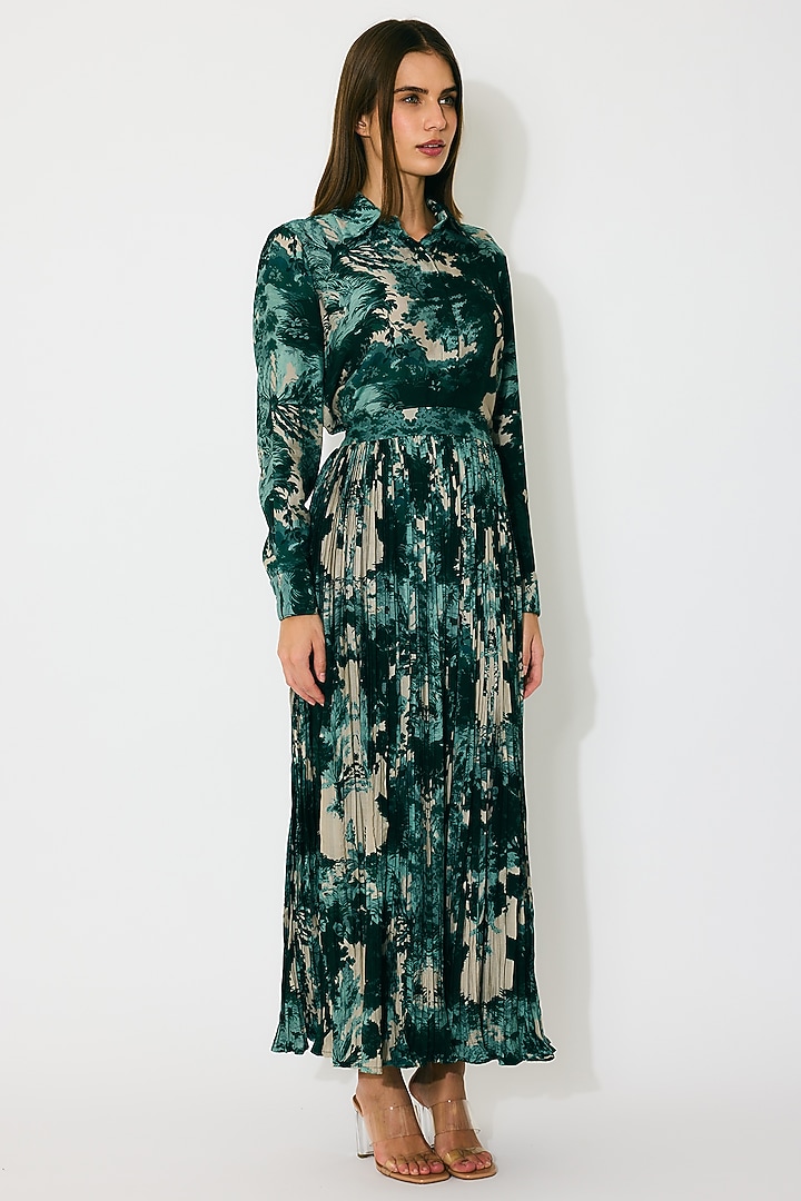 Dark Green & Mint Muslin Cotton Silk Toile Printed Skirt by Koai at Pernia's Pop Up Shop