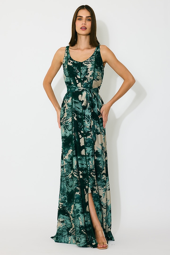 Dark Green & Mint Muslin Cotton Silk Toile Printed Maxi Vacation Dress by Koai at Pernia's Pop Up Shop