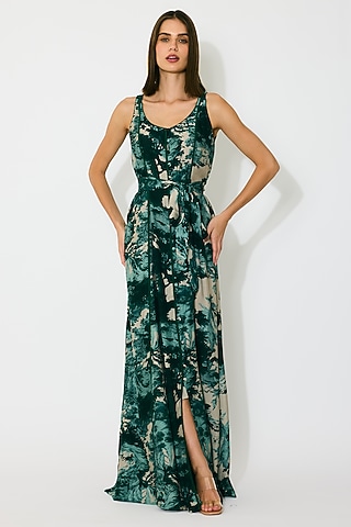 Dark Green & Mint Muslin Cotton Silk Toile Printed Maxi Dress by Koai