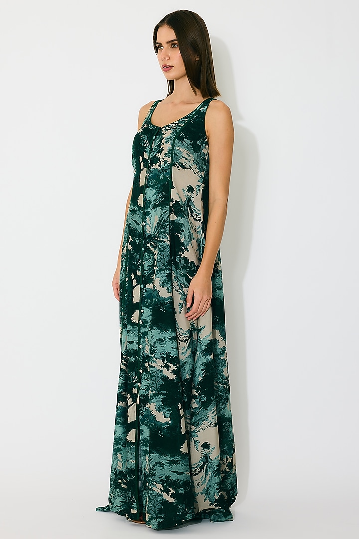 Dark Green & Mint Muslin Cotton Silk Toile Printed Maxi Vacation Dress by Koai at Pernia's Pop Up Shop