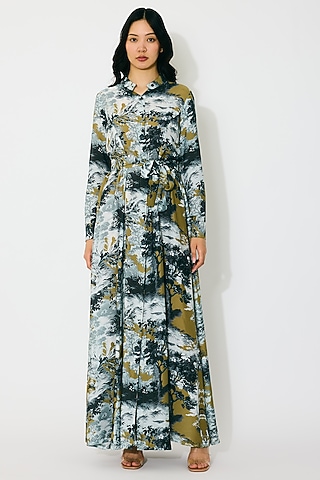 Gold & Grey Muslin Cotton Silk Toile Printed Shirt Dress by Koai