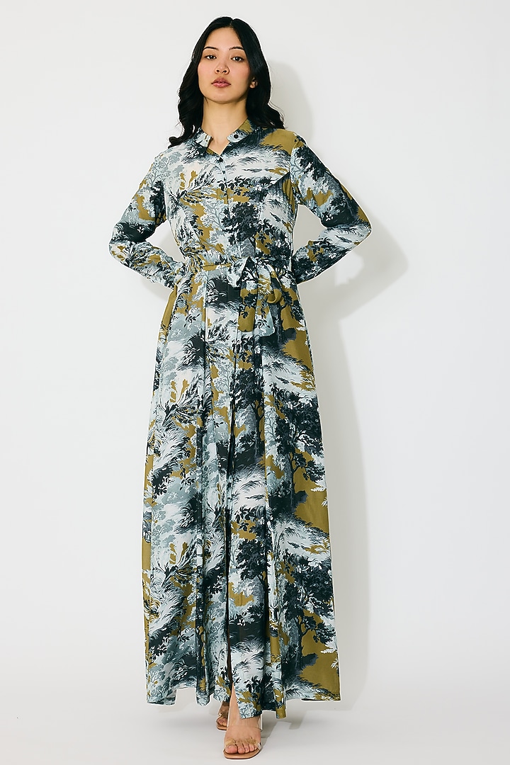 Gold & Grey Muslin Cotton Silk Toile Printed Vacation Shirt Dress by Koai at Pernia's Pop Up Shop