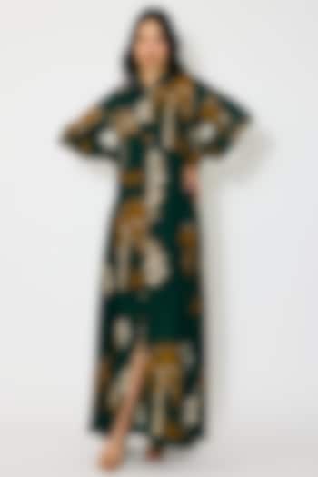Dark Green & Mustard Muslin Cotton Silk Floral Printed Vacation Shirt Dress by Koai at Pernia's Pop Up Shop