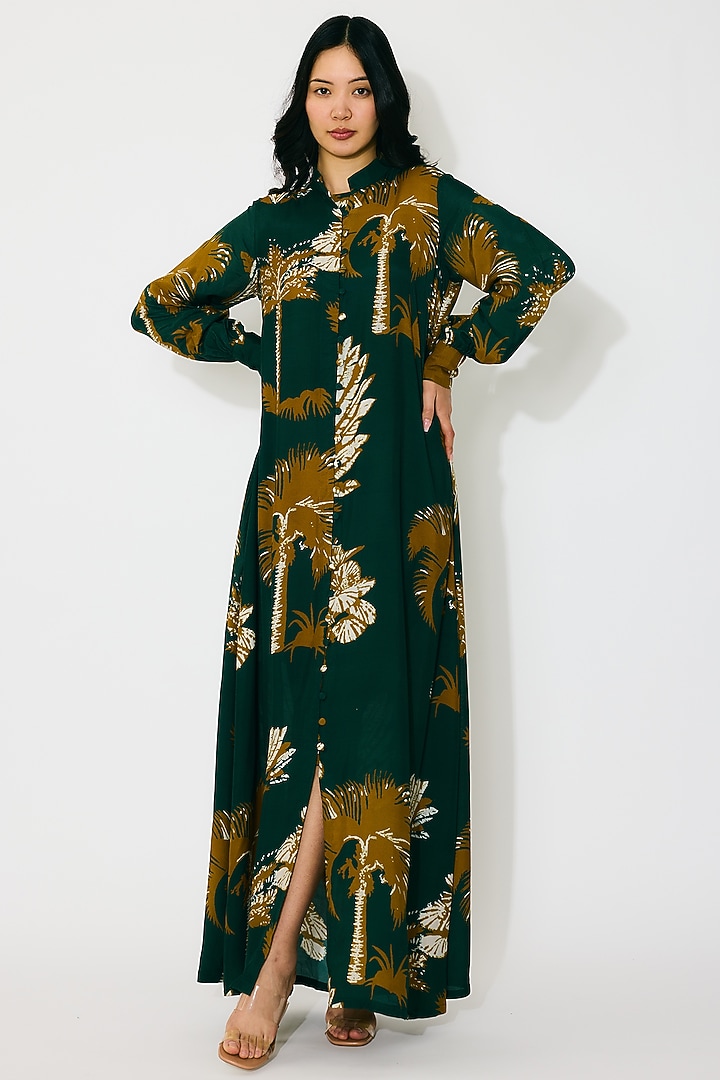 Dark Green & Mustard Muslin Cotton Silk Floral Printed Vacation Shirt Dress by Koai at Pernia's Pop Up Shop