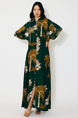 Dark Green & Mustard Muslin Cotton Silk Floral Printed Shirt Dress by Koai
