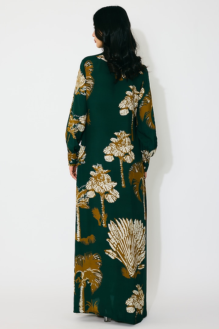 Dark Green & Mustard Muslin Cotton Silk Floral Printed Vacation Shirt Dress by Koai at Pernia's Pop Up Shop