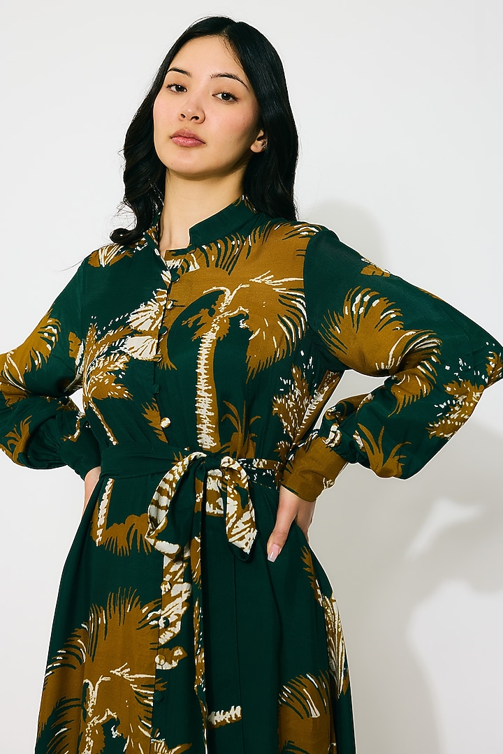 Dark Green & Mustard Muslin Cotton Silk Floral Printed Vacation Shirt Dress by Koai at Pernia's Pop Up Shop