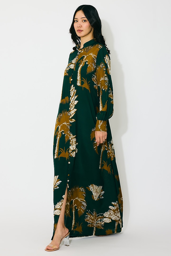 Dark Green & Mustard Muslin Cotton Silk Floral Printed Vacation Shirt Dress by Koai at Pernia's Pop Up Shop