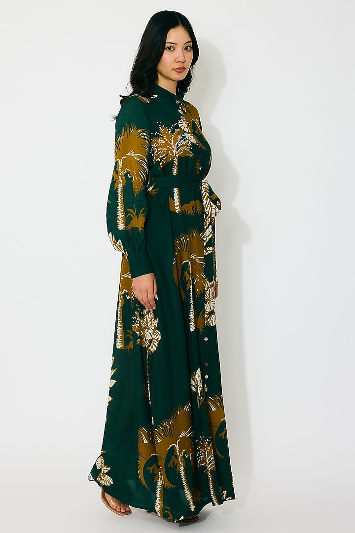 Dark Green & Mustard Muslin Cotton Silk Floral Printed Vacation Shirt Dress by Koai at Pernia's Pop Up Shop