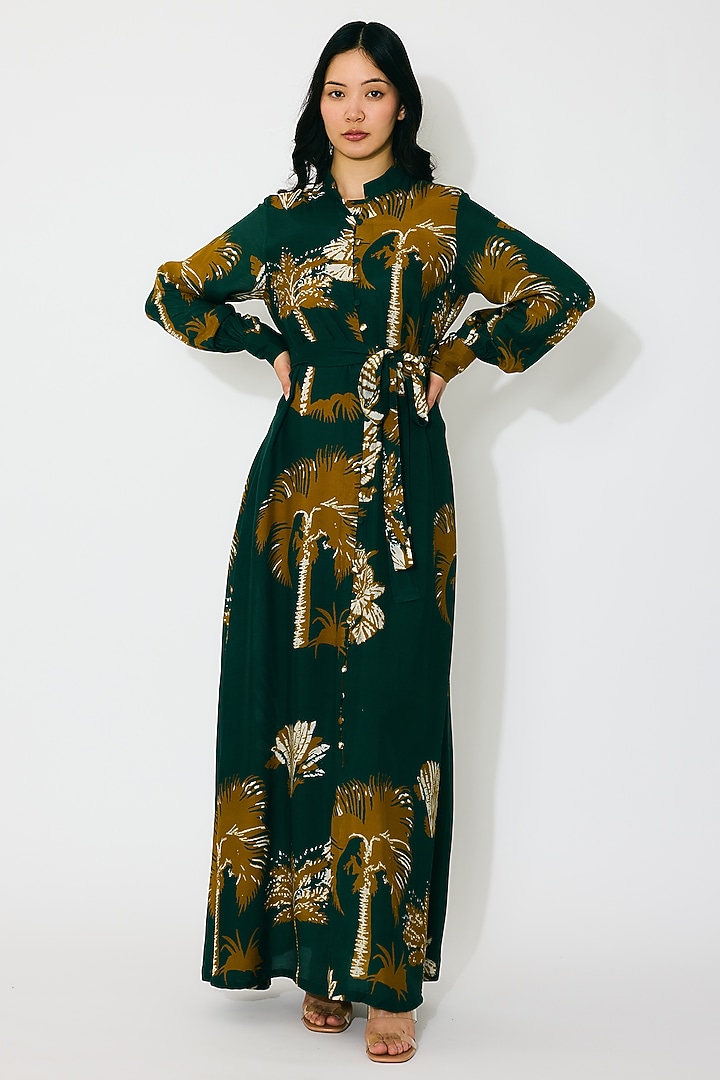Dark Green & Mustard Muslin Cotton Silk Floral Printed Vacation Shirt Dress by Koai at Pernia's Pop Up Shop