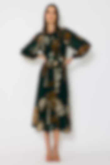 Dark Green & Mustard Georgette Floral Printed Midi Summer Dress by Koai at Pernia's Pop Up Shop