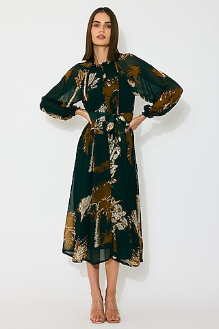 Dark Green & Mustard Georgette Floral Printed Midi Dress by Koai