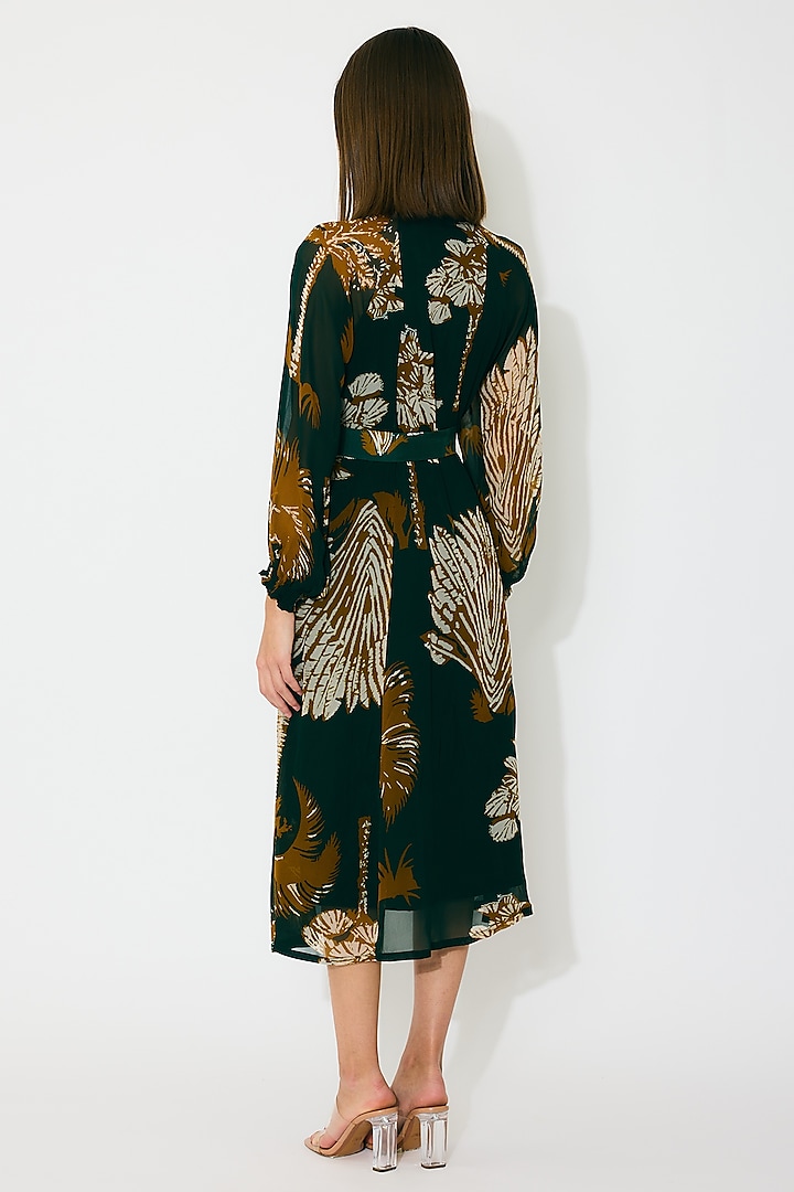 Dark Green & Mustard Georgette Floral Printed Midi Summer Dress by Koai at Pernia's Pop Up Shop