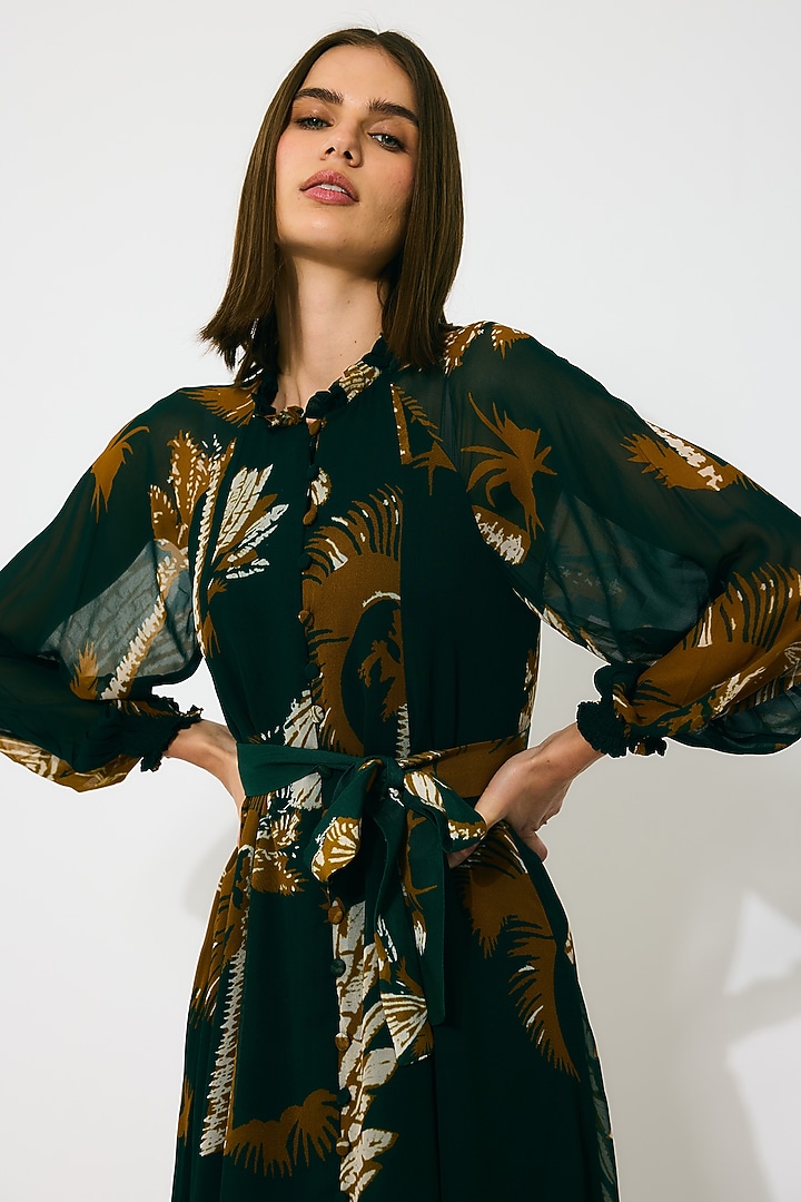 Dark Green & Mustard Georgette Floral Printed Midi Summer Dress by Koai at Pernia's Pop Up Shop