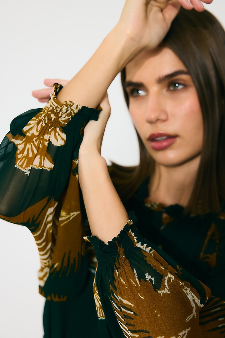 Dark Green & Mustard Georgette Floral Printed Midi Summer Dress by Koai at Pernia's Pop Up Shop