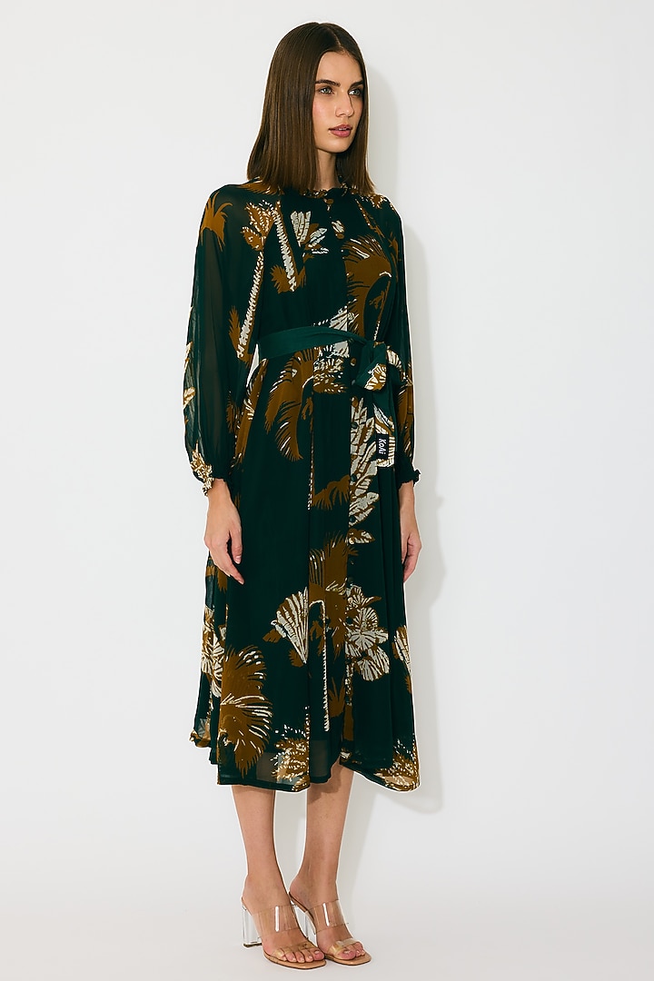 Dark Green & Mustard Georgette Floral Printed Midi Summer Dress by Koai at Pernia's Pop Up Shop