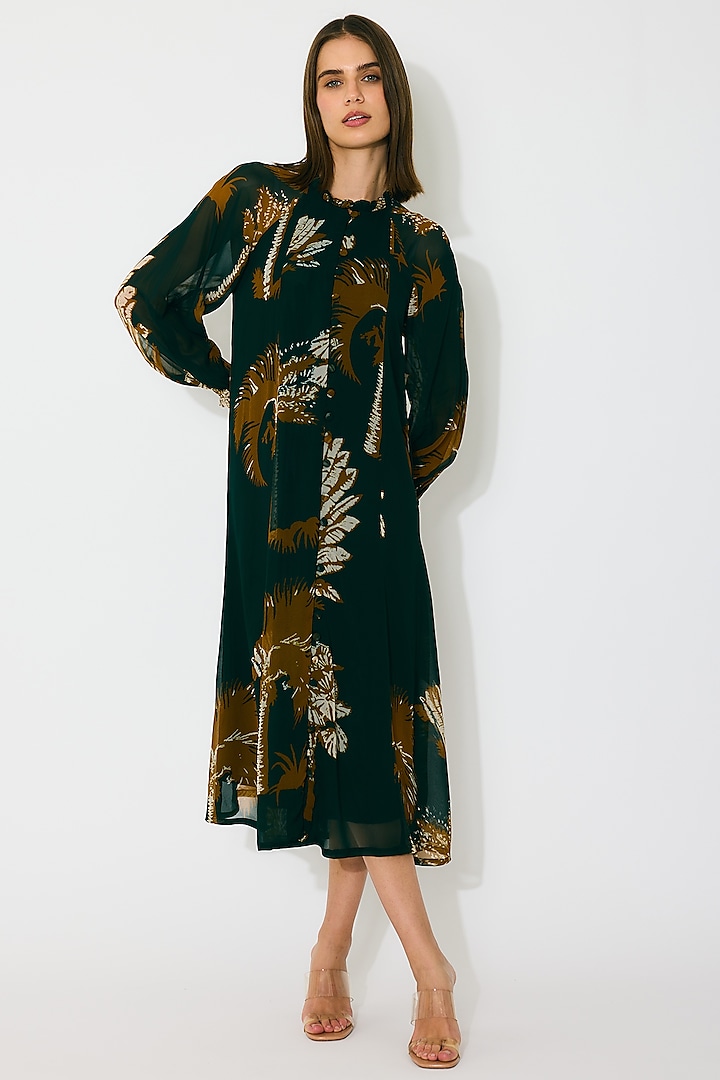 Dark Green & Mustard Georgette Floral Printed Midi Summer Dress by Koai at Pernia's Pop Up Shop
