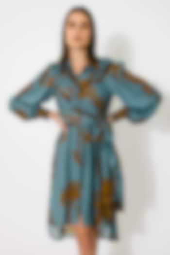 Sky Blue & Mustard Muslin Cotton Silk Floral Printed Summer Shirt Dress by Koai at Pernia's Pop Up Shop