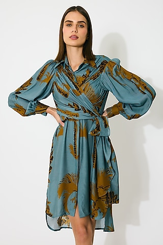 Sky Blue & Mustard Muslin Cotton Silk Floral Printed Shirt Dress by Koai
