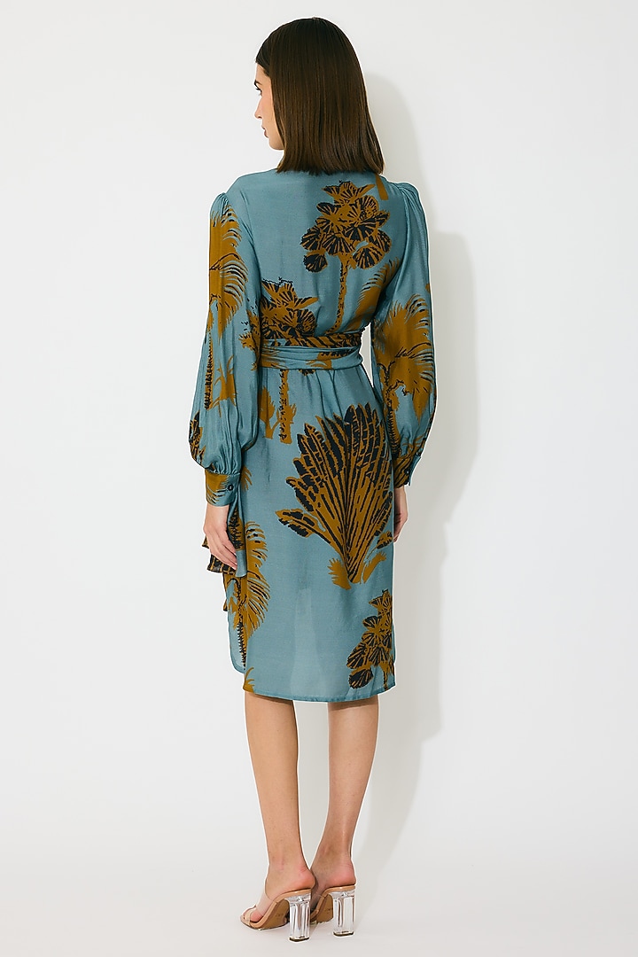 Sky Blue & Mustard Muslin Cotton Silk Floral Printed Summer Shirt Dress by Koai at Pernia's Pop Up Shop