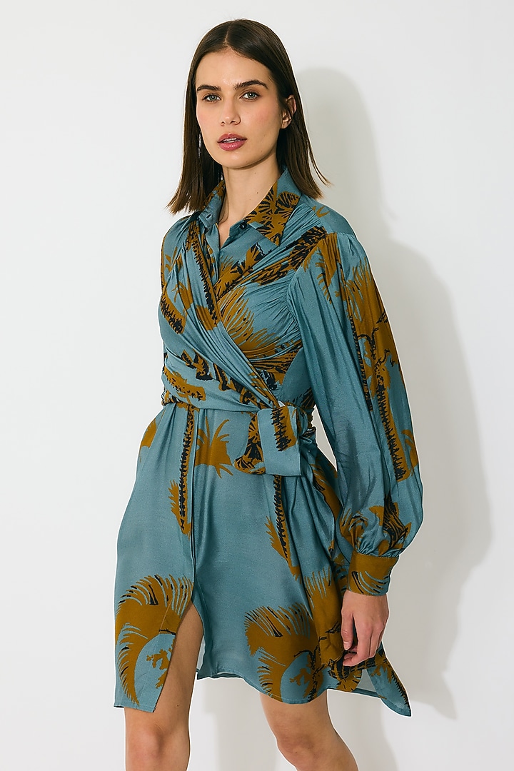 Sky Blue & Mustard Muslin Cotton Silk Floral Printed Summer Shirt Dress by Koai at Pernia's Pop Up Shop