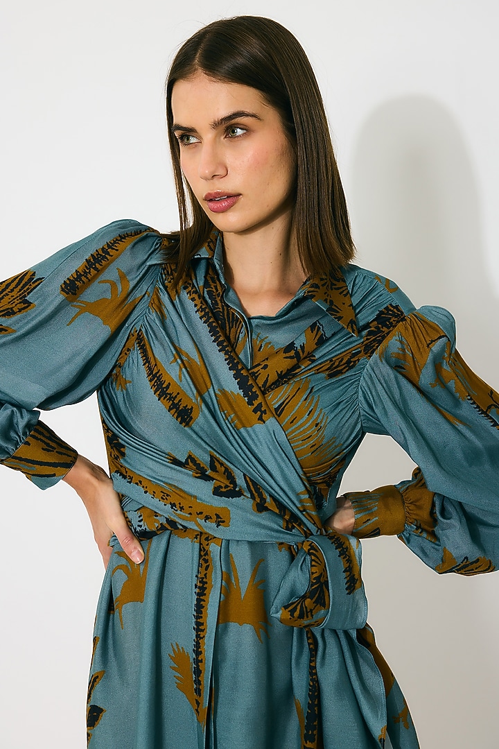 Sky Blue & Mustard Muslin Cotton Silk Floral Printed Summer Shirt Dress by Koai at Pernia's Pop Up Shop