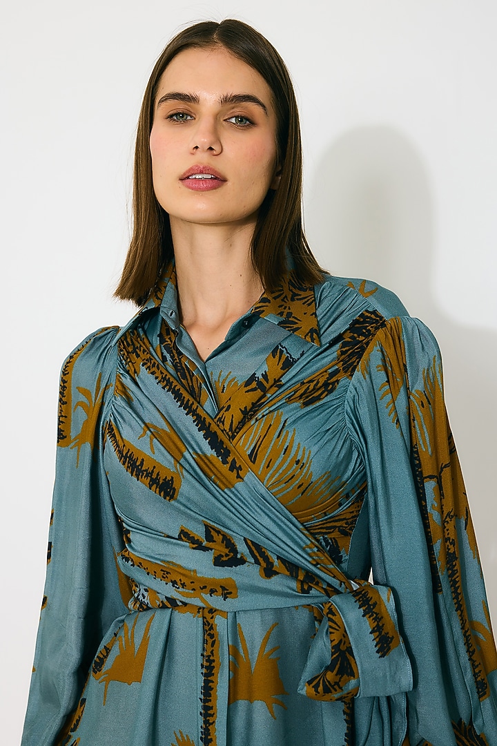 Sky Blue & Mustard Muslin Cotton Silk Floral Printed Summer Shirt Dress by Koai at Pernia's Pop Up Shop