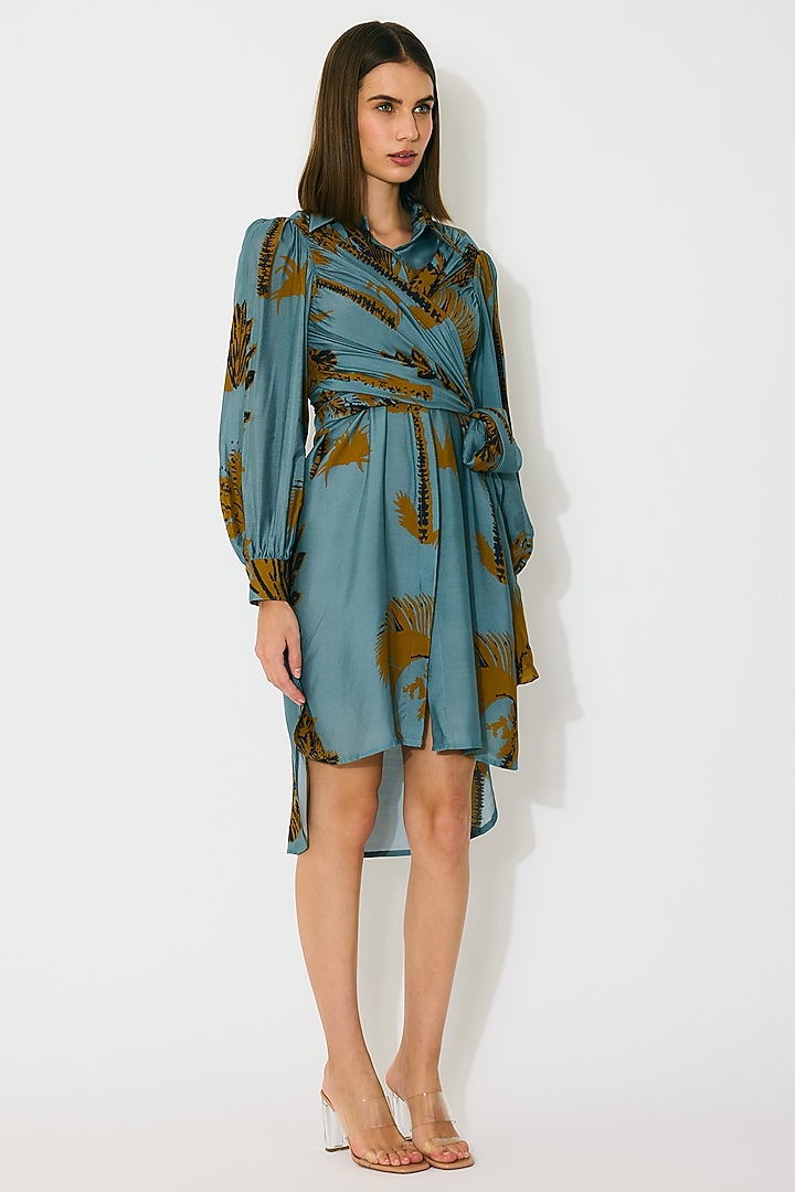 Sky Blue & Mustard Muslin Cotton Silk Floral Printed Summer Shirt Dress by Koai at Pernia's Pop Up Shop