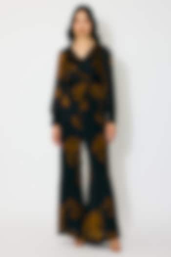 Black & Gold Chiffon Floral Printed Wrap Jumpsuit by Koai at Pernia's Pop Up Shop