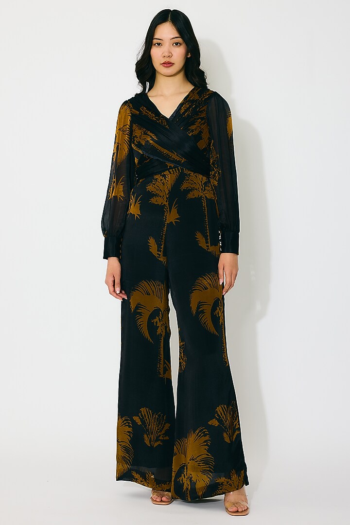 Black & Gold Chiffon Floral Printed Wrap Jumpsuit by Koai at Pernia's Pop Up Shop