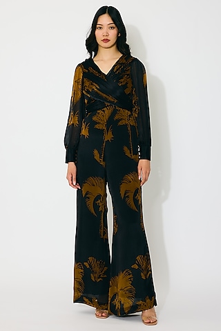 Black & Gold Chiffon Floral Printed Wrap Jumpsuit by Koai