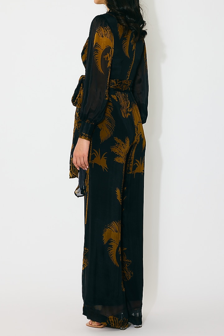 Black & Gold Chiffon Floral Printed Wrap Jumpsuit by Koai at Pernia's Pop Up Shop
