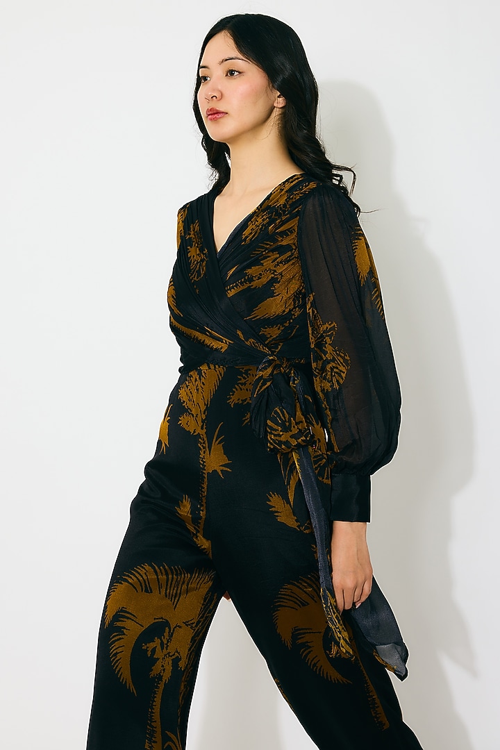 Black & Gold Chiffon Floral Printed Wrap Jumpsuit by Koai at Pernia's Pop Up Shop