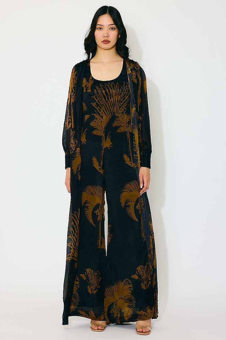 Black & Gold Chiffon Floral Printed Wrap Jumpsuit by Koai at Pernia's Pop Up Shop