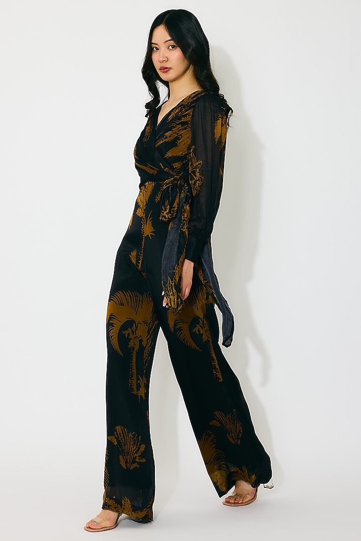 Black & Gold Chiffon Floral Printed Wrap Jumpsuit by Koai at Pernia's Pop Up Shop
