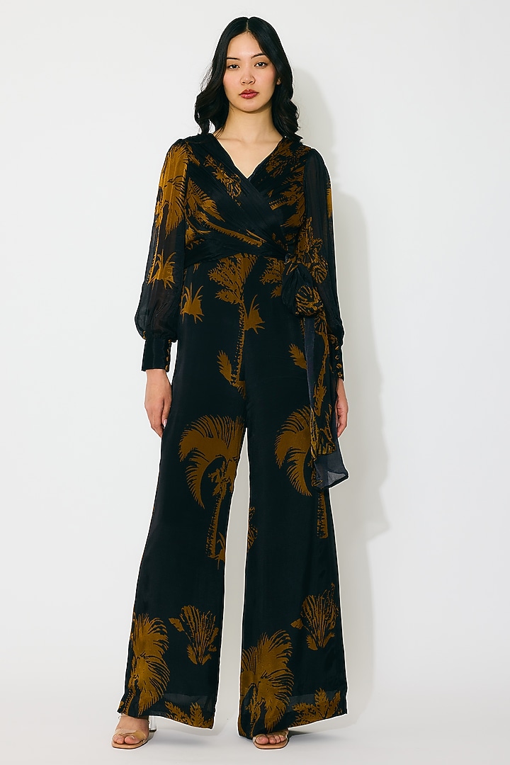 Black & Gold Chiffon Floral Printed Wrap Jumpsuit by Koai at Pernia's Pop Up Shop