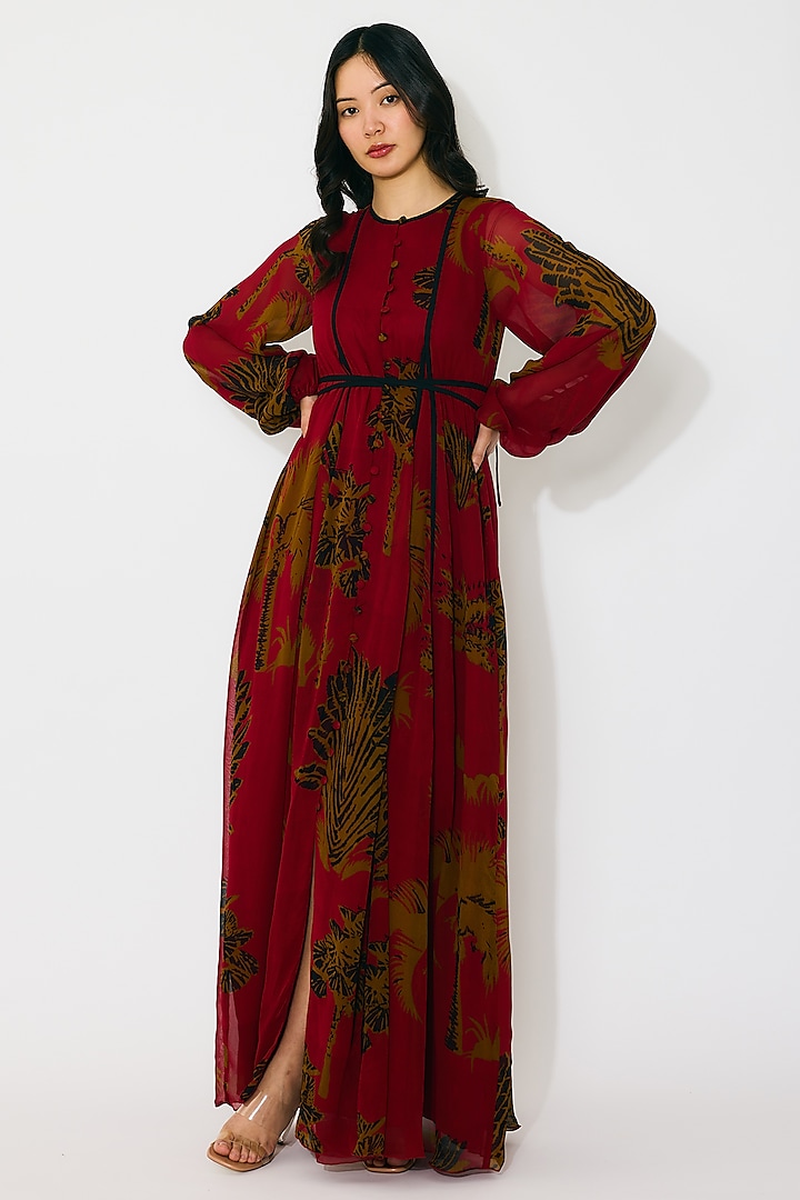 Red & Mustard Georgette Floral Printed Vacation Shirt Dress by Koai at Pernia's Pop Up Shop