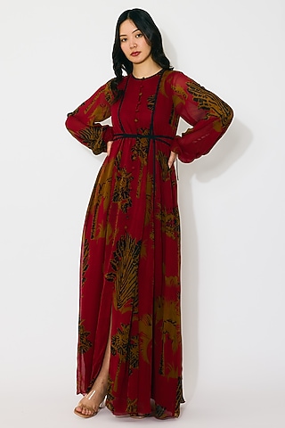 Red & Mustard Georgette Floral Printed Shirt Dress by Koai