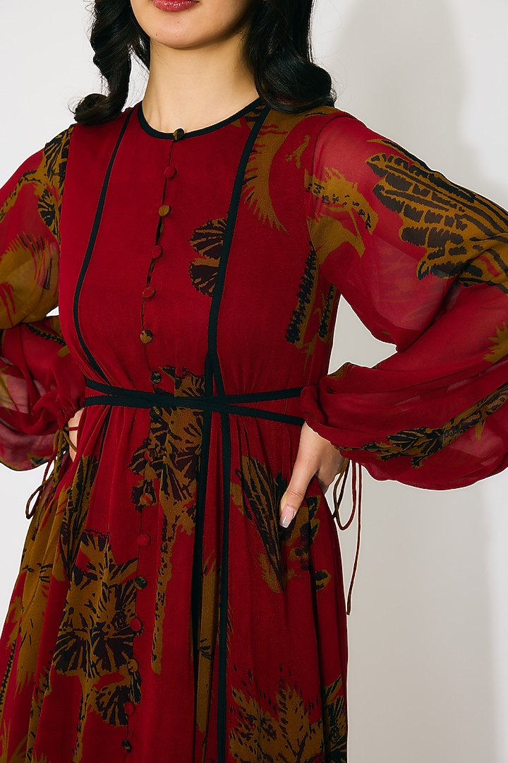 Red & Mustard Georgette Floral Printed Vacation Shirt Dress by Koai at Pernia's Pop Up Shop