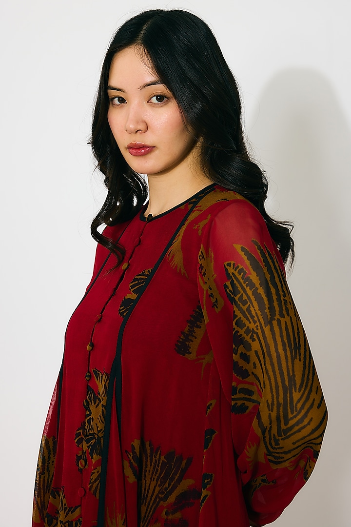 Red & Mustard Georgette Floral Printed Vacation Shirt Dress by Koai at Pernia's Pop Up Shop