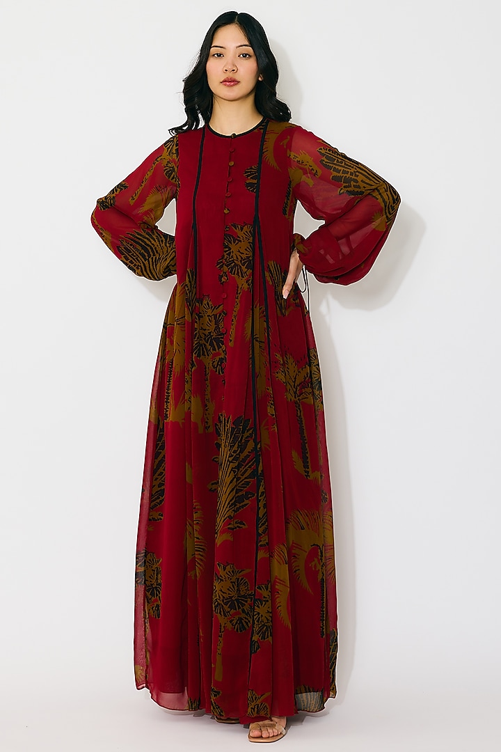 Red & Mustard Georgette Floral Printed Vacation Shirt Dress by Koai at Pernia's Pop Up Shop