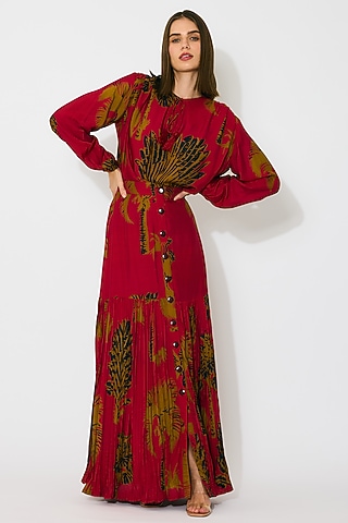 Red & Mustard Muslin Cotton Silk Floral Printed Top by Koai