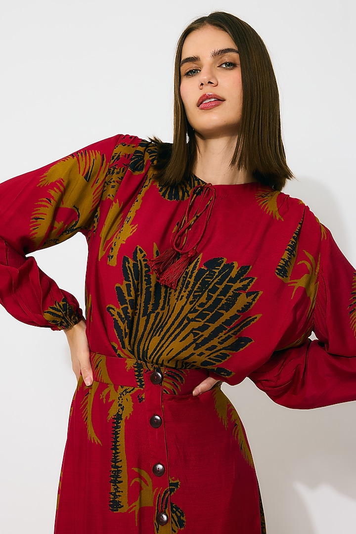 Red & Mustard Muslin Cotton Silk Floral Printed Top by Koai at Pernia's Pop Up Shop