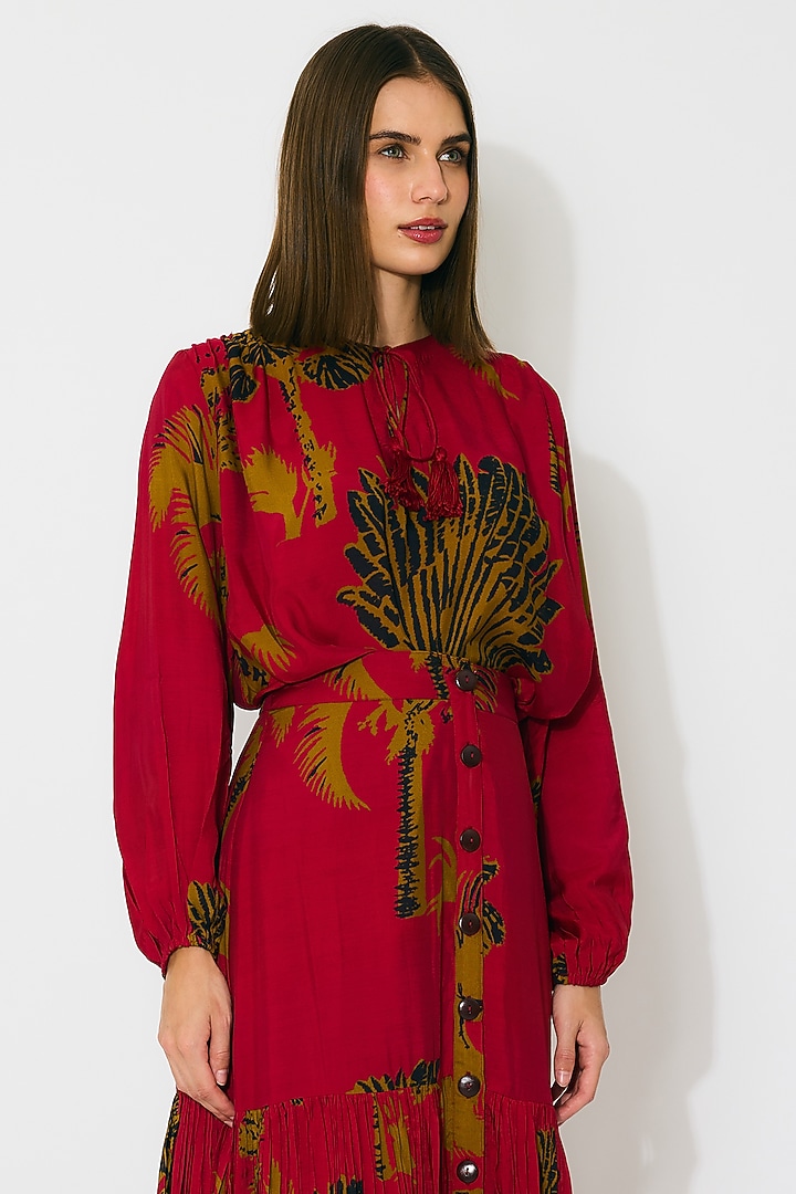 Red & Mustard Muslin Cotton Silk Floral Printed Top by Koai at Pernia's Pop Up Shop